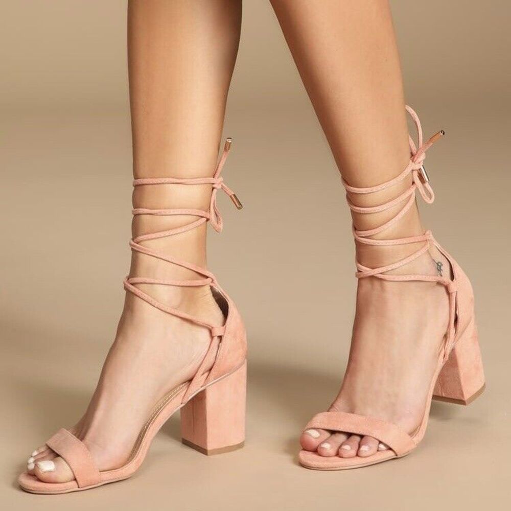 Lulu's Kaira Peach Suede Lace-Up Heels Casual Formal Prom Barbie‎ Womens Size 6